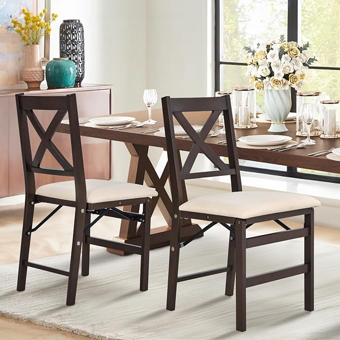 COLAMY Folding Dining Chairs Set of 2 – Beige Upholstered Wooden Dining Room - Image 2
