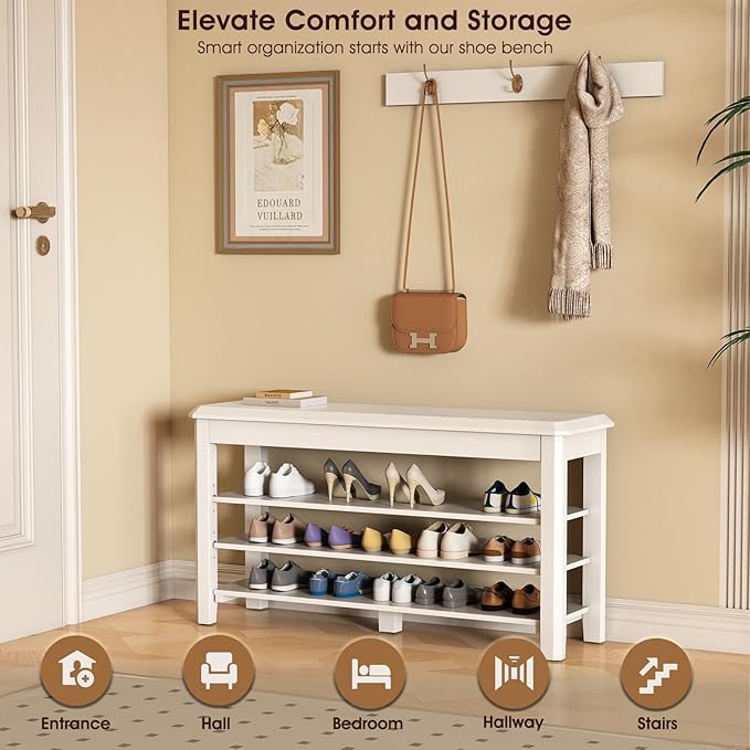 Shoe Rack Bench Seat Rubberwood 3-Tier Wooden Storage Bench 550lbs Compact - Image 3