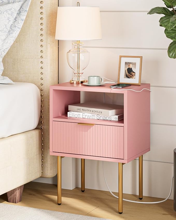 Masupu Nightstand with Charging Station, Mid-Century Modern Bedside Table with by Masupu