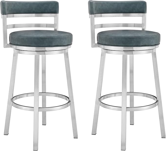 Armen Living Madrid 30" Seat Height Swivel Modern Blue Faux Leather and Brushed by ArmenLiving