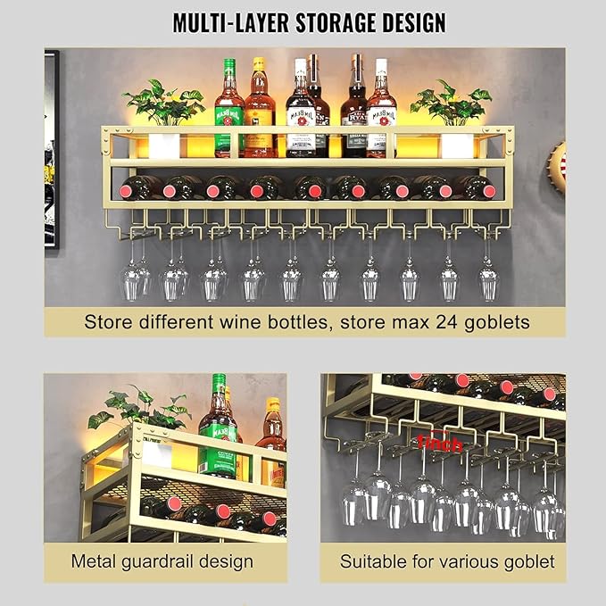 LED Wine Rack Wall Mounted, Industrial Metal Wall Wine Shelf & Glass Holder - Image 3