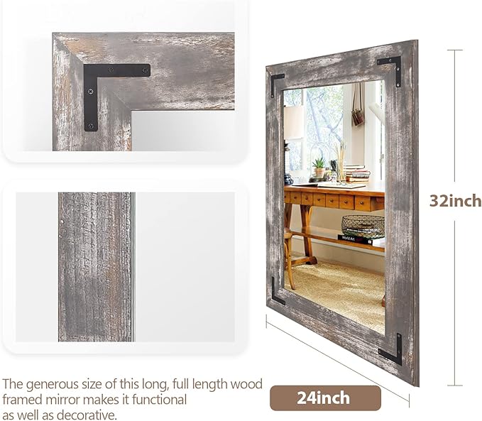 YOSHOOT Rustic Wooden Framed Wall Mirror, Natural Wood Bathroom Vanity Mirror - Image 2