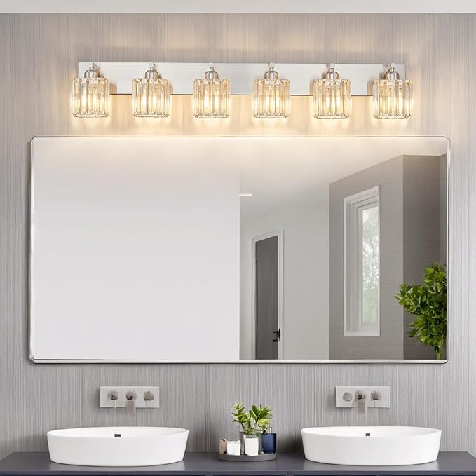 Modern Vanity Light 6-Lights Brushed Nickel Vanity Light Crystal Bathroom Wall - Image 2
