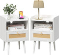 Nightstand Rattan with Charging Station, Mid Century Modern Bed Side Table by MECHYIN
