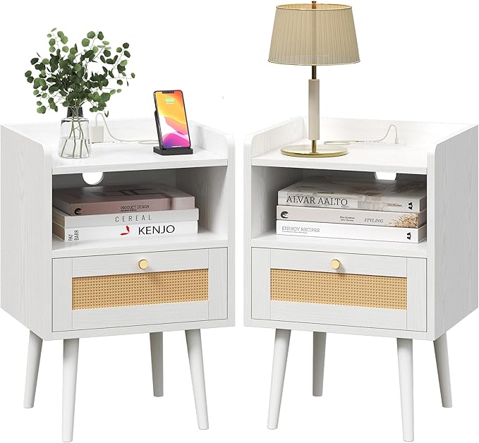 Nightstand Rattan with Charging Station, Mid Century Modern Bed Side Table by MECHYIN