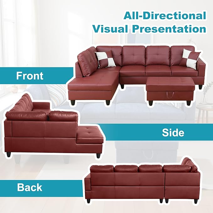 L Shaped Couch Faux Leather Sectional Couch Upholstered 3 Pieces Sofas - Image 6