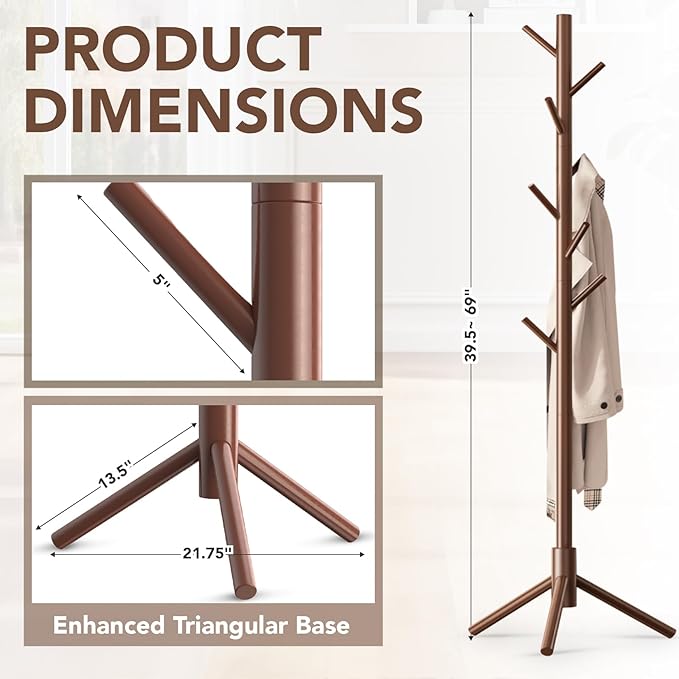 Wooden Tree Coat Rack Stand, Sturdy Freestanding Coat Rack - Image 5