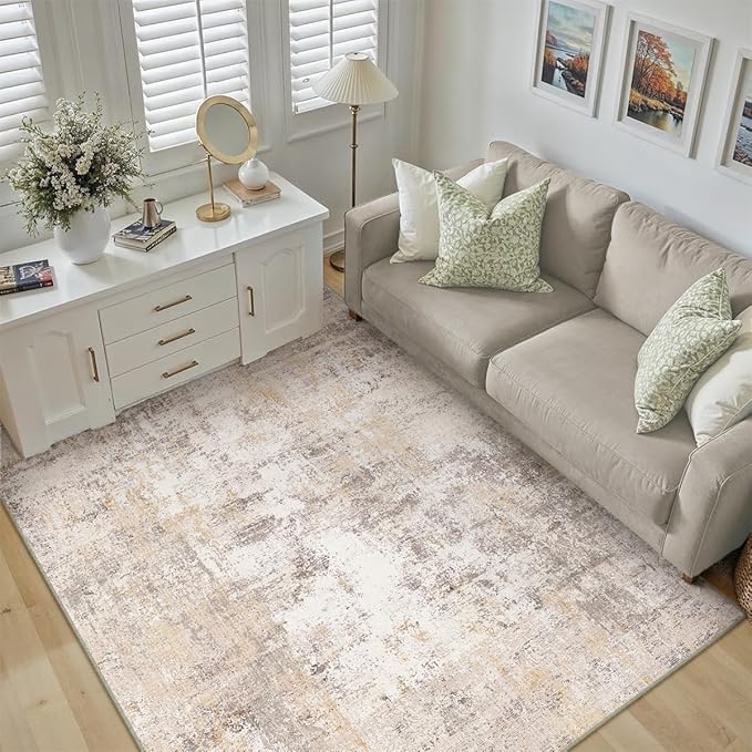 4x6 Washable Area Rug Beige Grey Neutral Abstract Entryway Kitchen Non Slip Low - Image 5