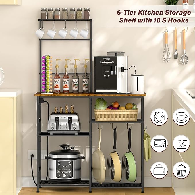 Bakers Rack with Power Outlet, Kitchen Microwave Stand with 10 S-shaped Hooks - Image 4