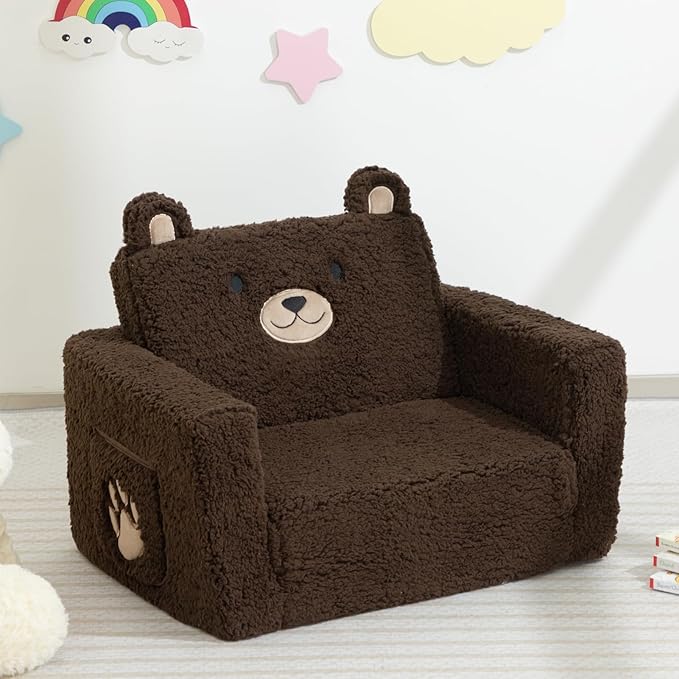 ALIMORDEN Fold Out Toddler Couch, Comfy 2-in-1 Cuddly Sherpa Bear Chair - Image 2