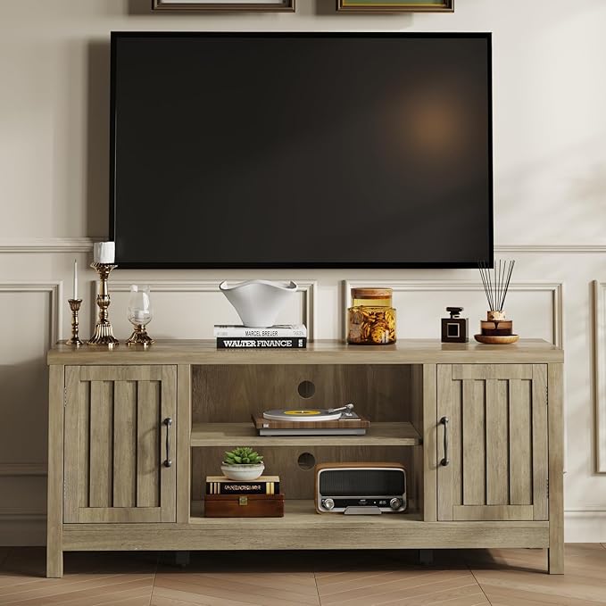 ChooChoo Farmhouse TV Stand, Wood Fluted Door Entertainment Center by ChooChoo