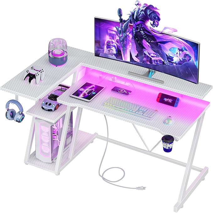 47 Inch White Gaming Desk with Power Outlet & LED Lights, Corner Computer Desk by Korfile