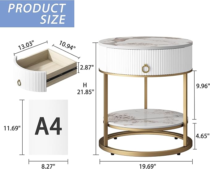 OIOG Round Side Table with Drawer, 2 Tier Night Stand with Shelf, Modern Side - Image 2