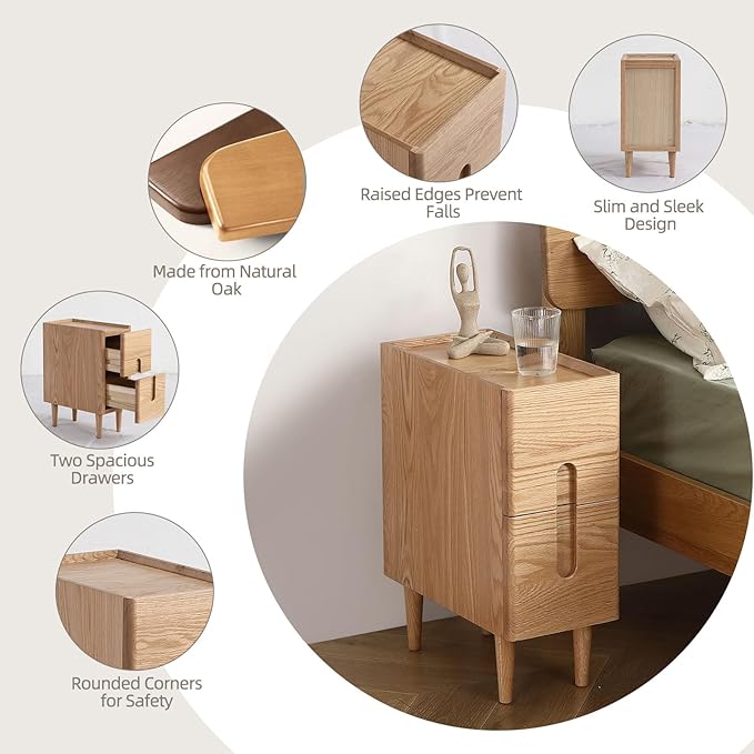 Solid Wood Bedside Table Nightstands, Slim Narrow Oak Real Wooden Mid-Century - Image 3