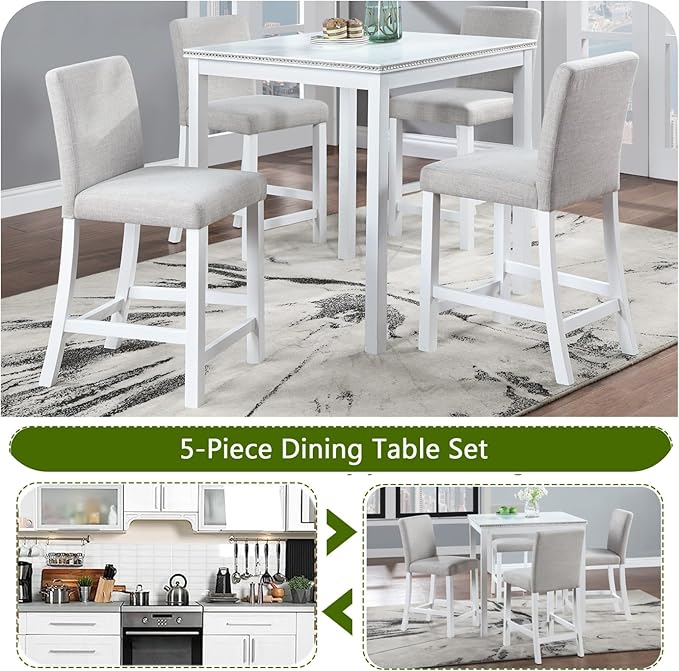 Dining Table Set for 4, Counter Height, Includes 4 Upholstered Chairs for Living - Image 4