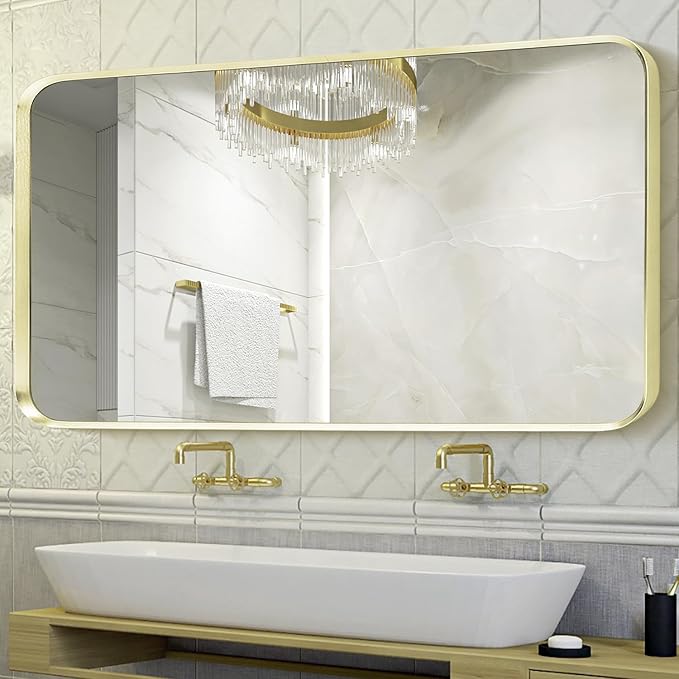 Wall Mount Mirror for Bathroom, Large Brushed Gold Metal Framed Rounded Corner - Image 4