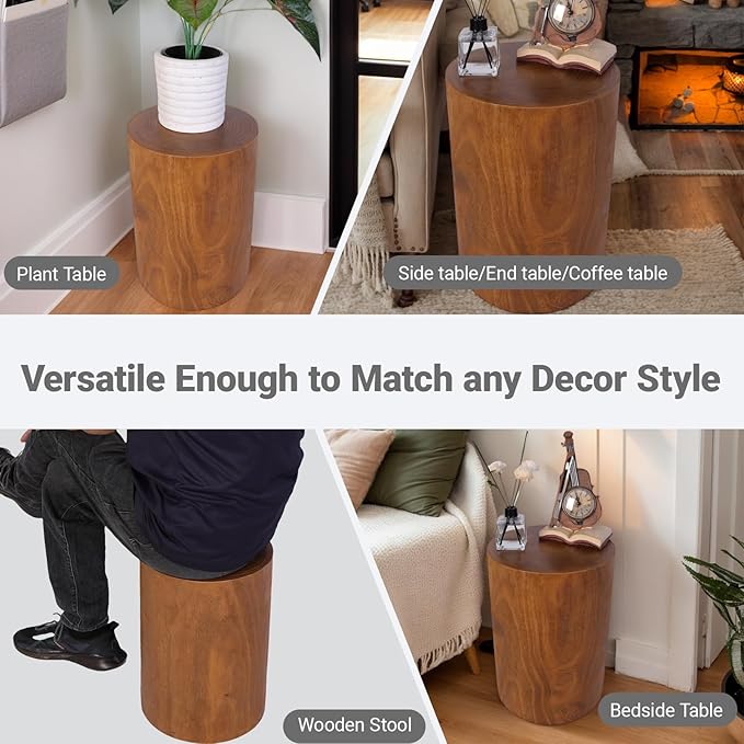 Athaliah Wooden Tree Stump End Table, 15.75" Paulownia Wood Hand Carved Rustic - Image 5