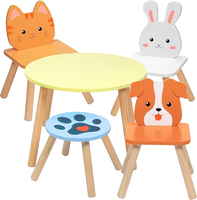 Kids Wooden Animal Table & Chair Set w 4 Seats- Puppy Kitten Bunny Plus Adult by Svan