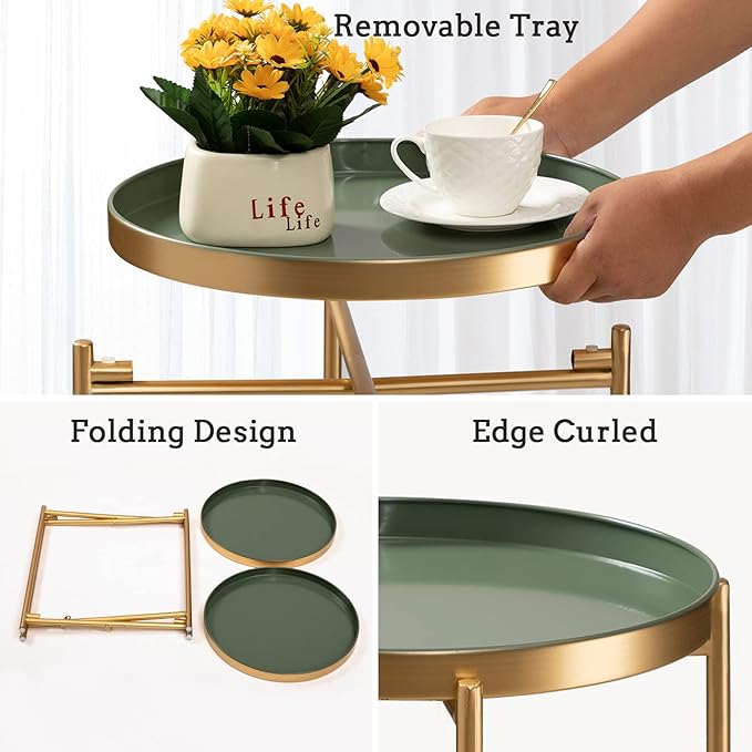 TeoKJ 2 Tier Gold Side Table, Folding Round Metal End Table Small Nightstand - Image 7