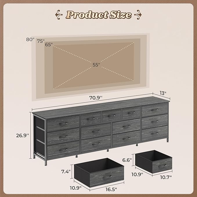 Huuger 70 Inch Dresser for Bedroom, TV Stand for 65, 80 Inch TV, 13 Fabric - Image 3