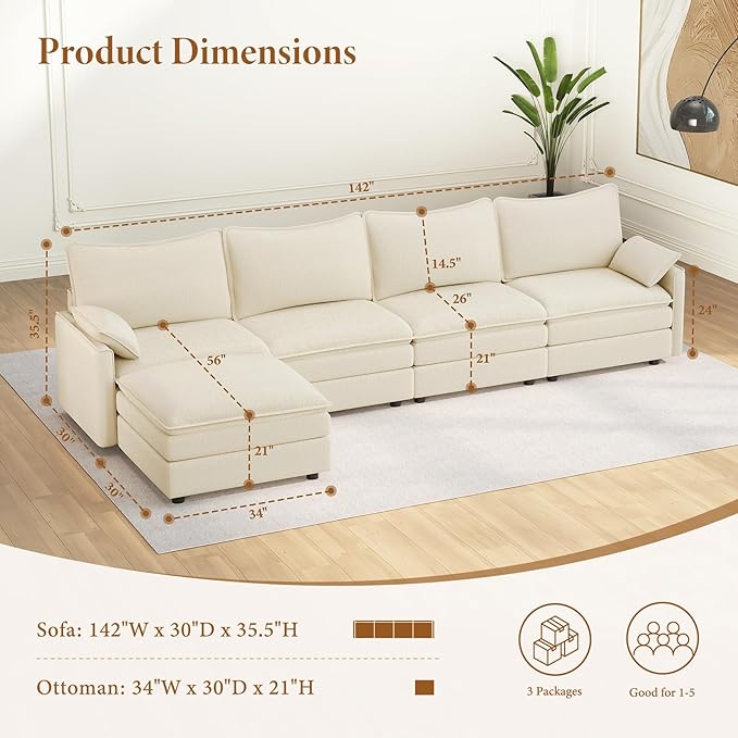 Vesgantti 142" U Shaped Sectional Couch, Comfy Cloud Modular Sectional Sofa - Image 2