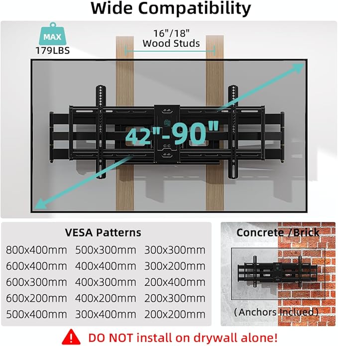 Heavy Duty TV Wall Mount for 42-90" TVs, 4X Load Tested Holds 179lbs, 40.9" - Image 2