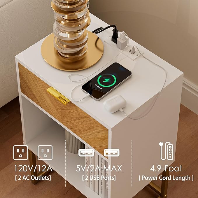 Masupu Nightstand with Charging Station, Modern Night Stand Boho Farmhouse Wood - Image 3