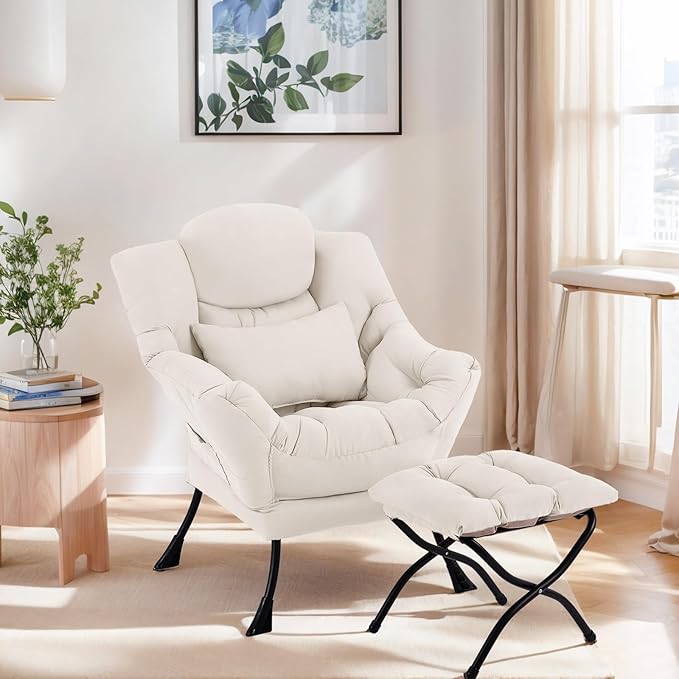 Lazy Chair with Ottoman, Comfy Fabric Accent Lounge Arm Chair with Lumbar - Image 5
