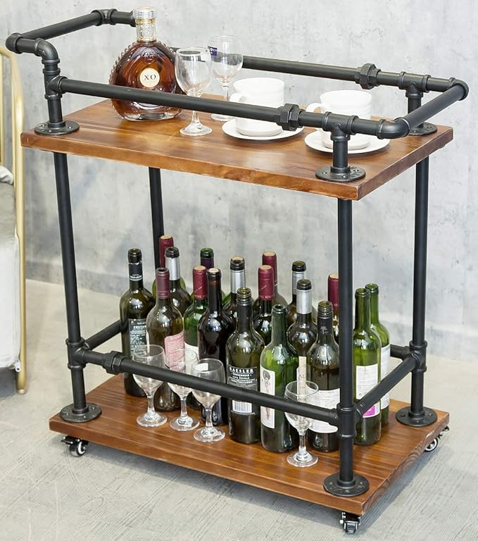 Industrial Pipe Bar Carts/Serving Carts/Kitchen Carts/Wine Rack Carts on Wheels - Image 2