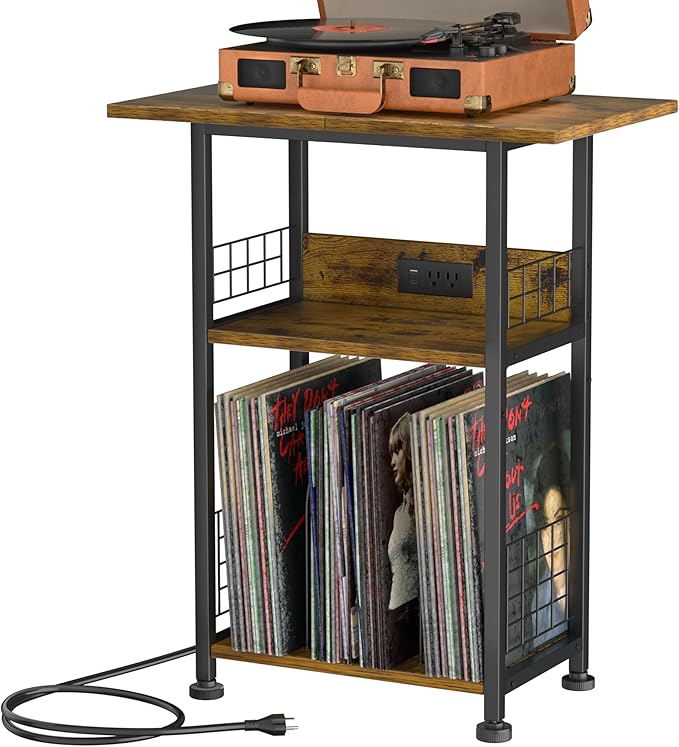 Record Player Stand with Charging Station, 3 Tier Turntable Stand with Storage by PLOOHT