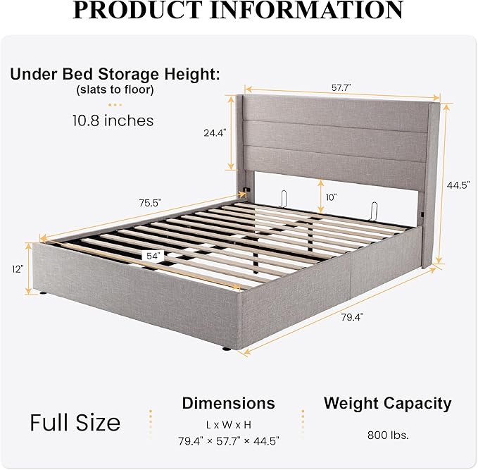 SHA CERLIN Full Size Lift Up Storage Bed/Modern Wingback Headboard/Upholstered - Image 2