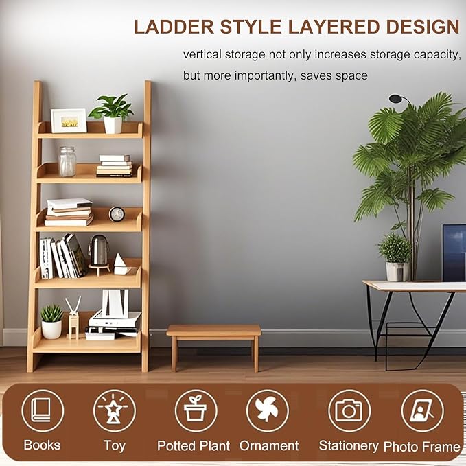 5-Tier Ladder Bookshelf, H 55" Leaning Bookshelf Storage Rack Organizer - Image 6