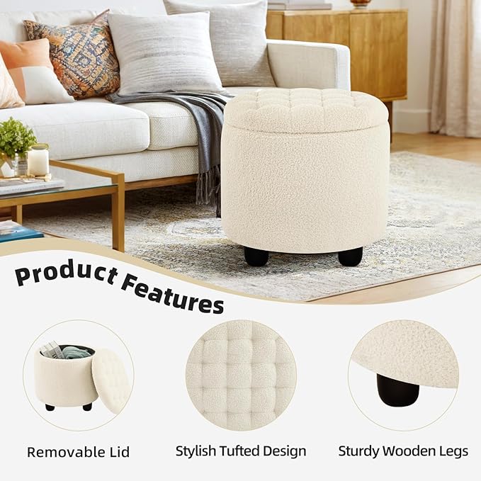 Furniliving Modern Round Storage Ottoman, Button Tufted Ottoman Foot Stools - Image 4