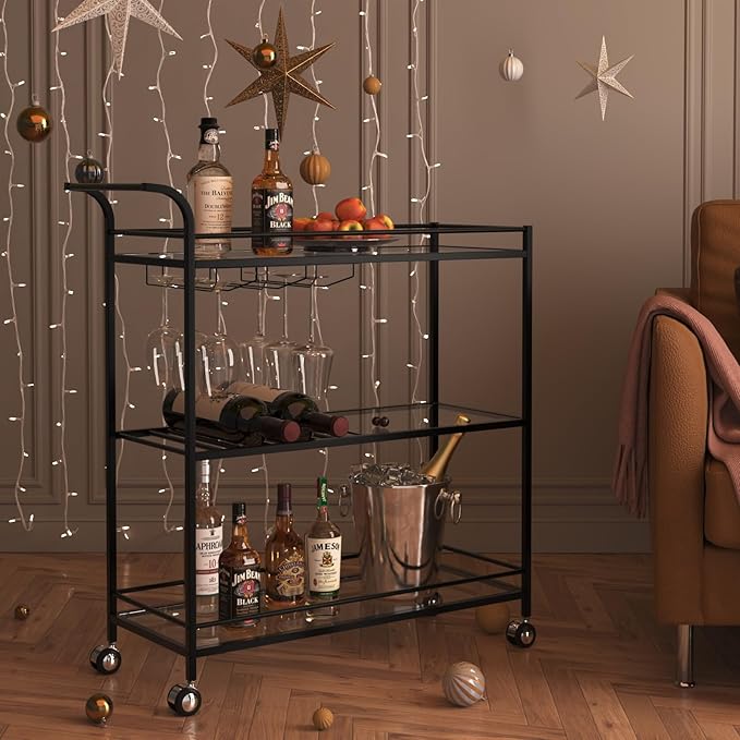 Black Bar Cart, Home Bar Serving Cart - Image 7