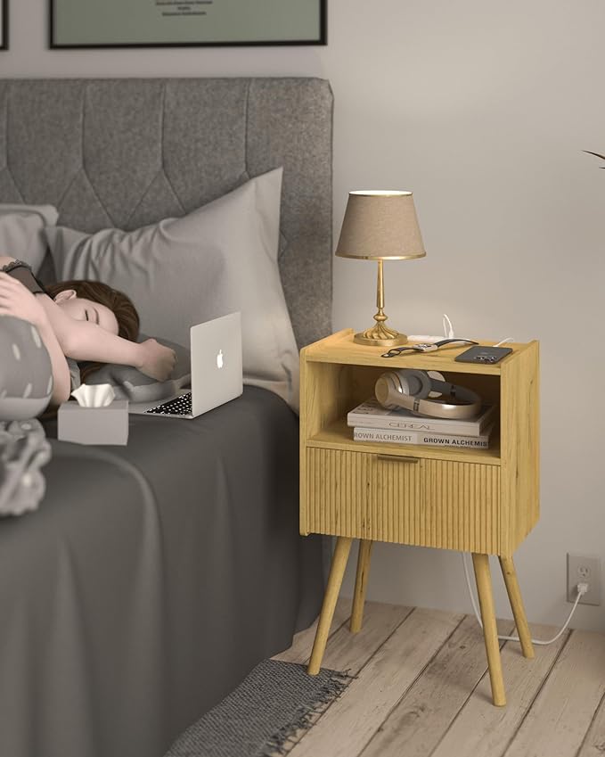 Nightstand with Outlet, Modern Bedside Table with Storage Drawer and Open Wood - Image 6