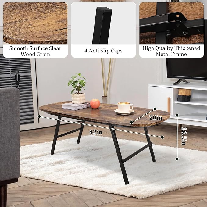 Foldable Coffee Table Natural Wood Oval Coffee Tables No Assembly Portable - Image 5