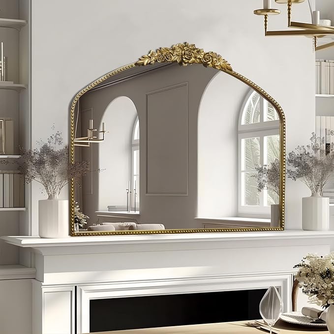 Vintage Gold Arched Mirror 40"X30", Antique Baroque Mantel Mirror - Image 6