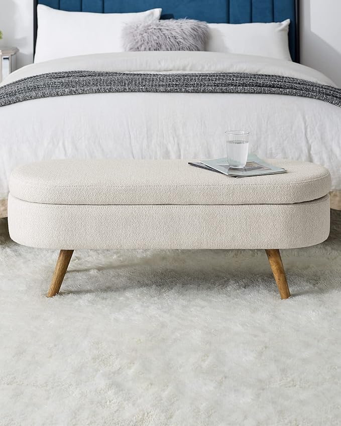 Oval Storage Bench 43.5" Linen Fabric Upholstered Entryway Bench - Image 7