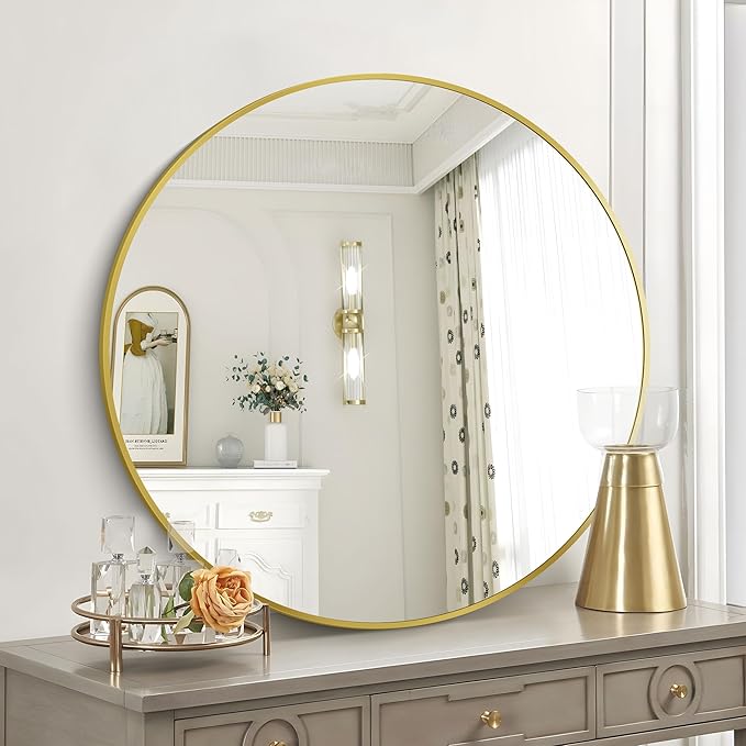 Gold Round Mirror, 39 Inch Wall Mounted Aluminum Alloy Metal Frame Mirror - Image 4