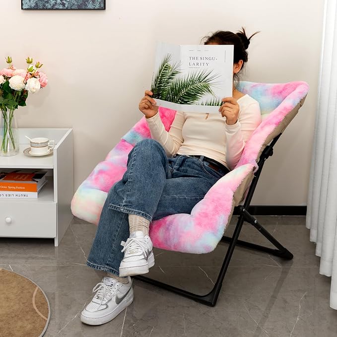 HollyHOME X-Large Saucer Chair, Comfy Oversized Folding Chair, Faux-Fur Reading - Image 2