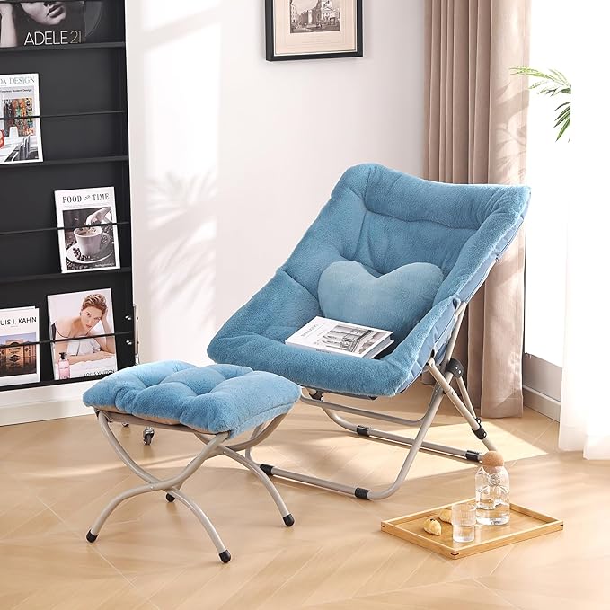 Saucer Chair with Ottoman, Comfy Oversized Folding Chair, Faux-Fur Reading Chair - Image 7