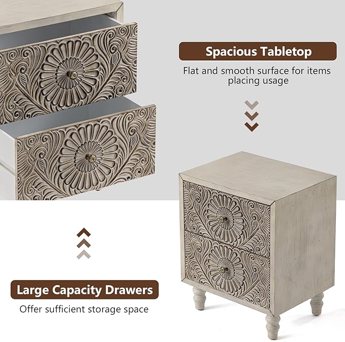 COSIEST 2 Pieces Nightstand, Vintage Style Wood Bedside Table, Bedroom - Image 6