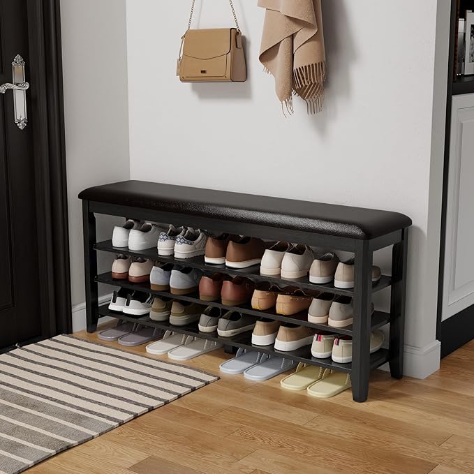 Shoe Bench with Leather Cushion, 3 Tiers Shoe Storage Bench Height Adjustable by AQIMUELE-Solidwoodfurniture