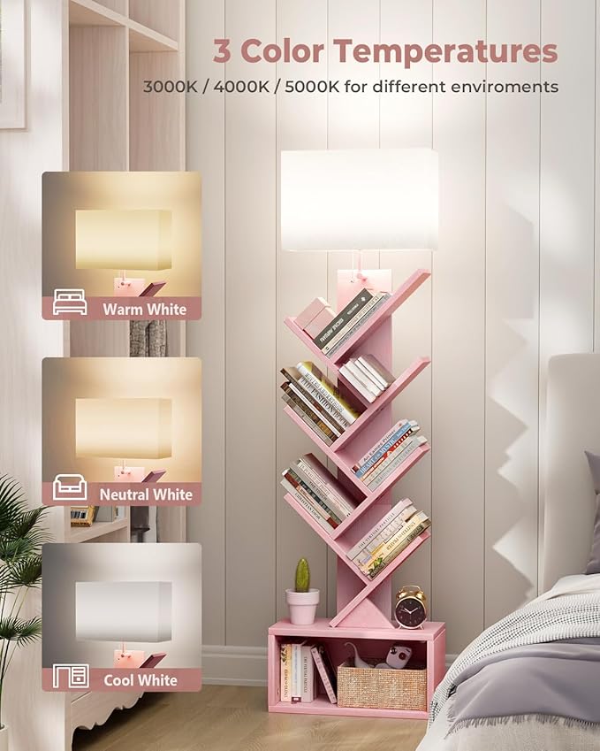 6 Tier Tree Bookshelf with Light, Narrow Bookcase Tower, Tall Floor Standing - Image 4