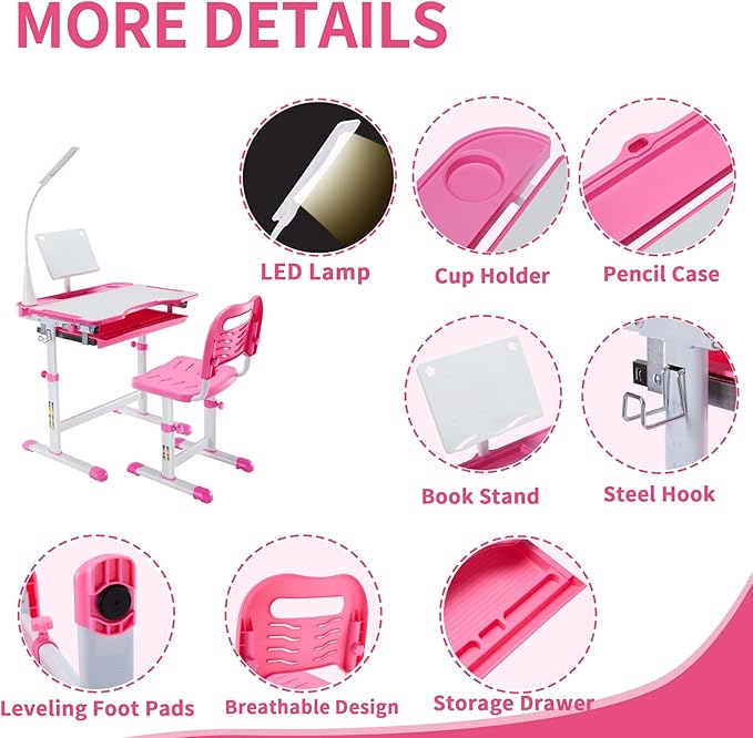 Diroan Kids Functional Desk and Chair Set, Ergonomic Height Adjustable Children - Image 5