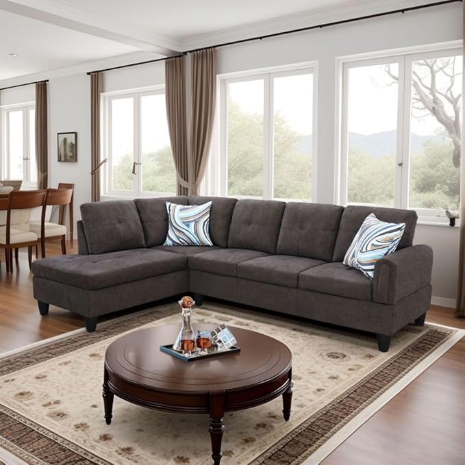 Dark Brown L-Shaped 3-Piece Flannel Sofa - Image 7