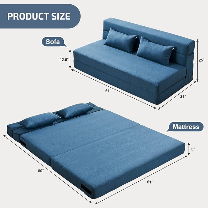 Folding Sofa Bed with Pillows- Convertible Chair Floor Couch & Sleeping Mattress - Image 3