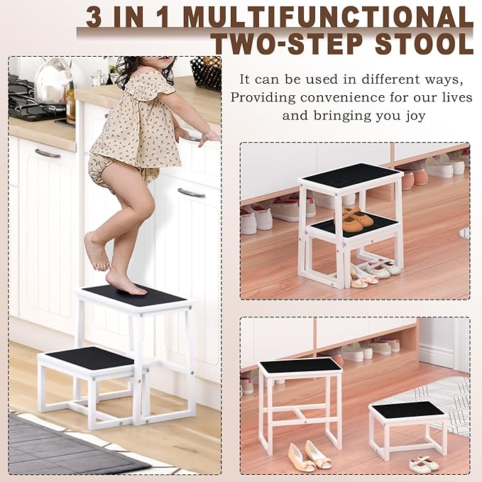2 Step Stools for Adults Kids, Anti-Slip Sturdy Wooden Foot Stools - Image 4