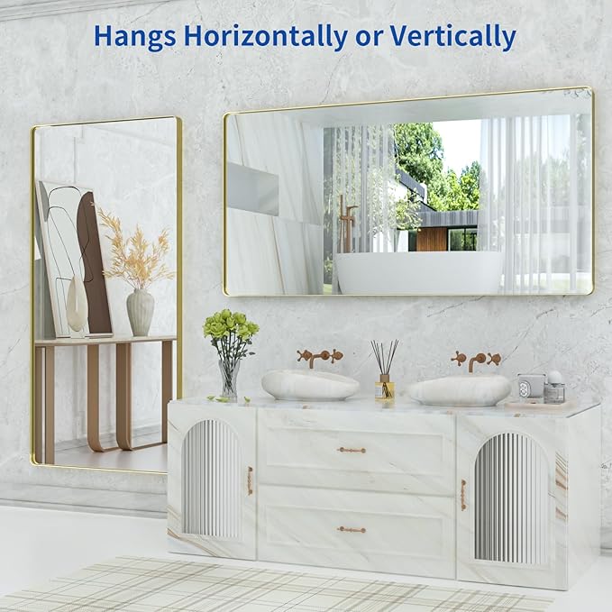 WEER Gold Bathroom Mirror, 72X36 Inch Brushed Gold Metal Frame Mirror, Rounded - Image 5