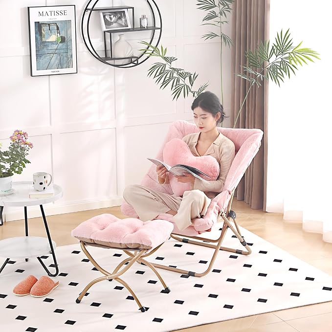 Comfy Saucer Chair with Ottoman, Oversized Folding Faux Fur Chair Soft Furry - Image 8